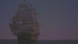 Sailing ship at sea during twilight.