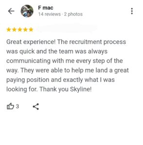 5-star review praising recruitment service experience.
